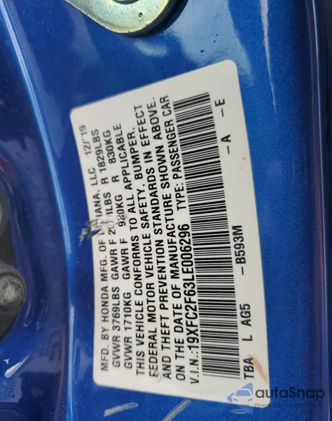 2020 Honda Civic Lx from USA, damaged, VIN 19XFC2F63LE006296